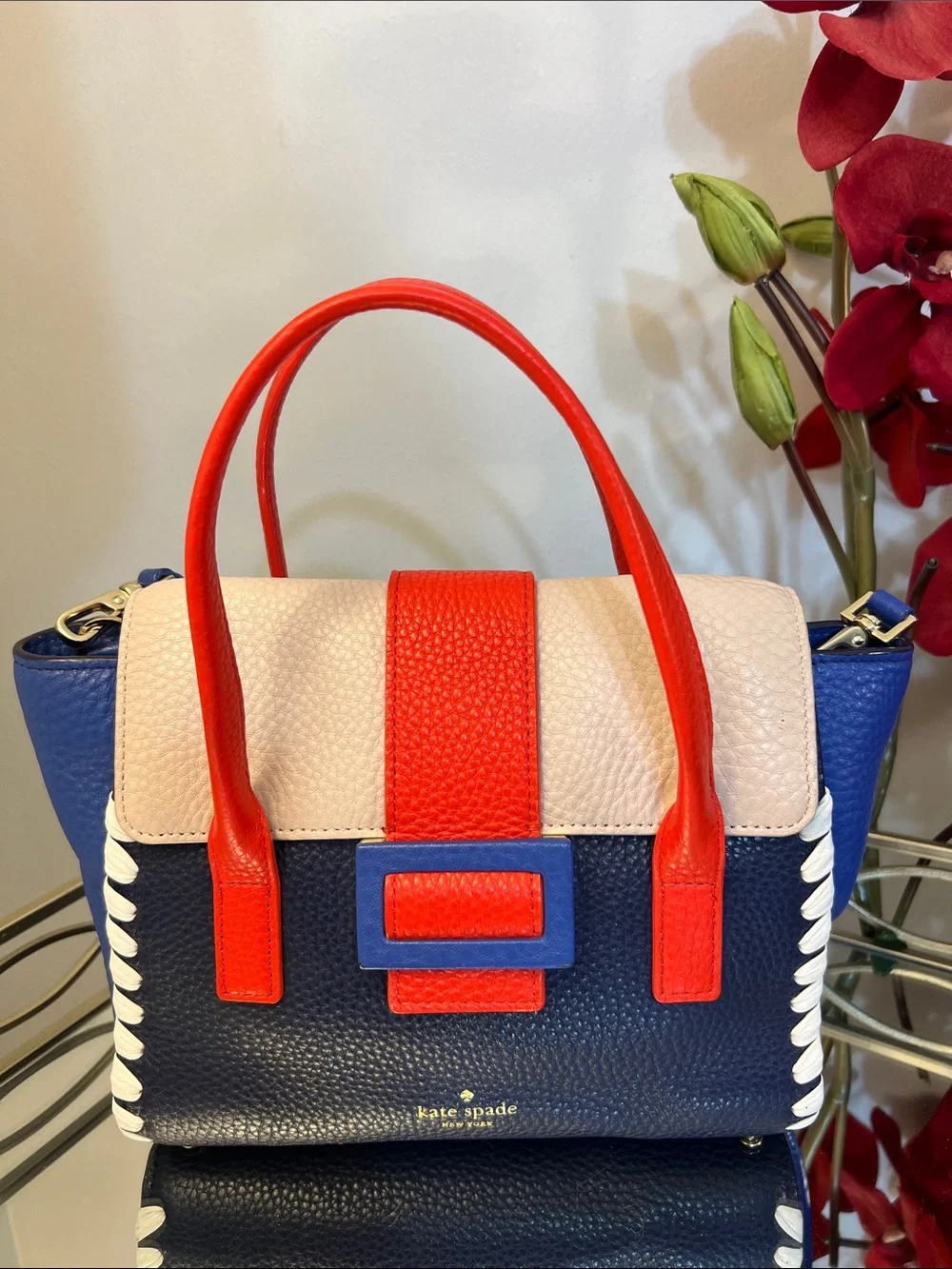 Kate Spade Colorblock Leather Satchel Crossbody Bag Whipstitch Navy Red Blue NWT